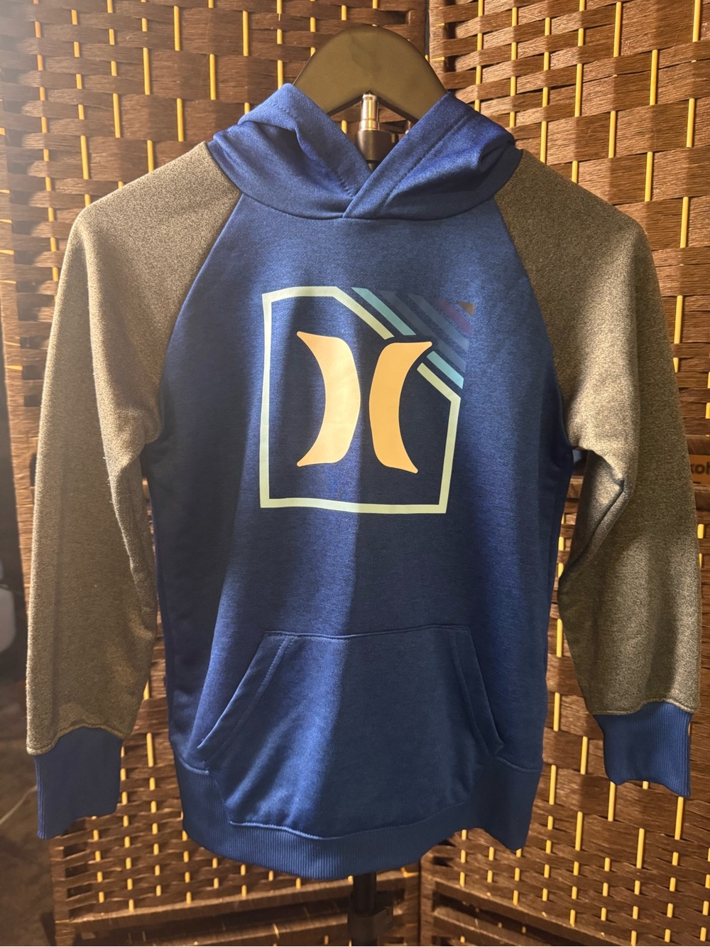 Hurley Blue Hoodie with Gray Sleeves and Yellow Logo